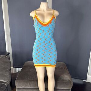 Women’s Blue BodyCon Mini Dress Crescent Pattern Adjustable Straps Size M NWT